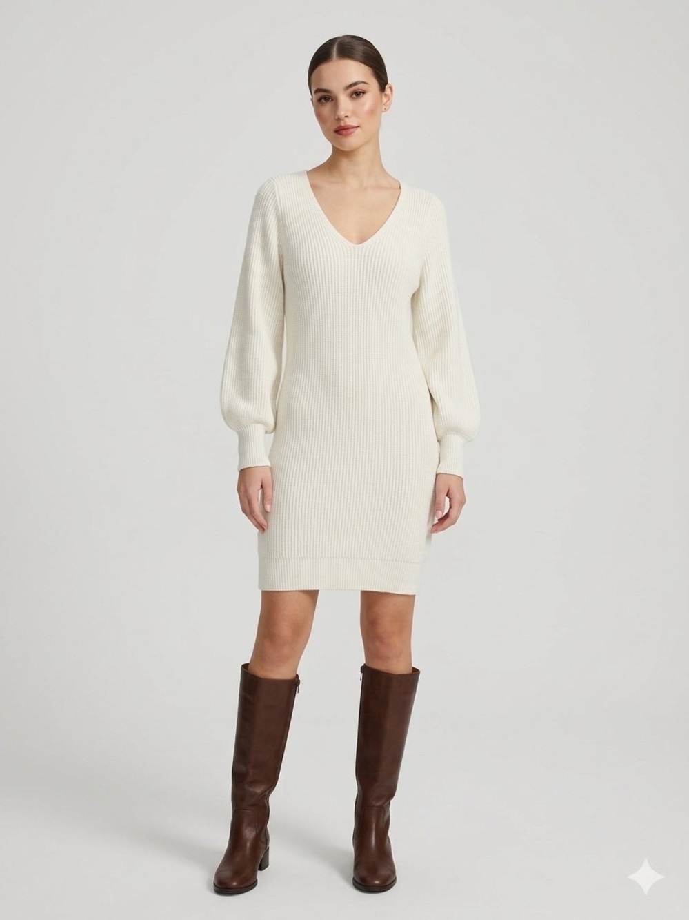 Dex Cream Ribbed Knit V-Neck Sweater Dress Size M